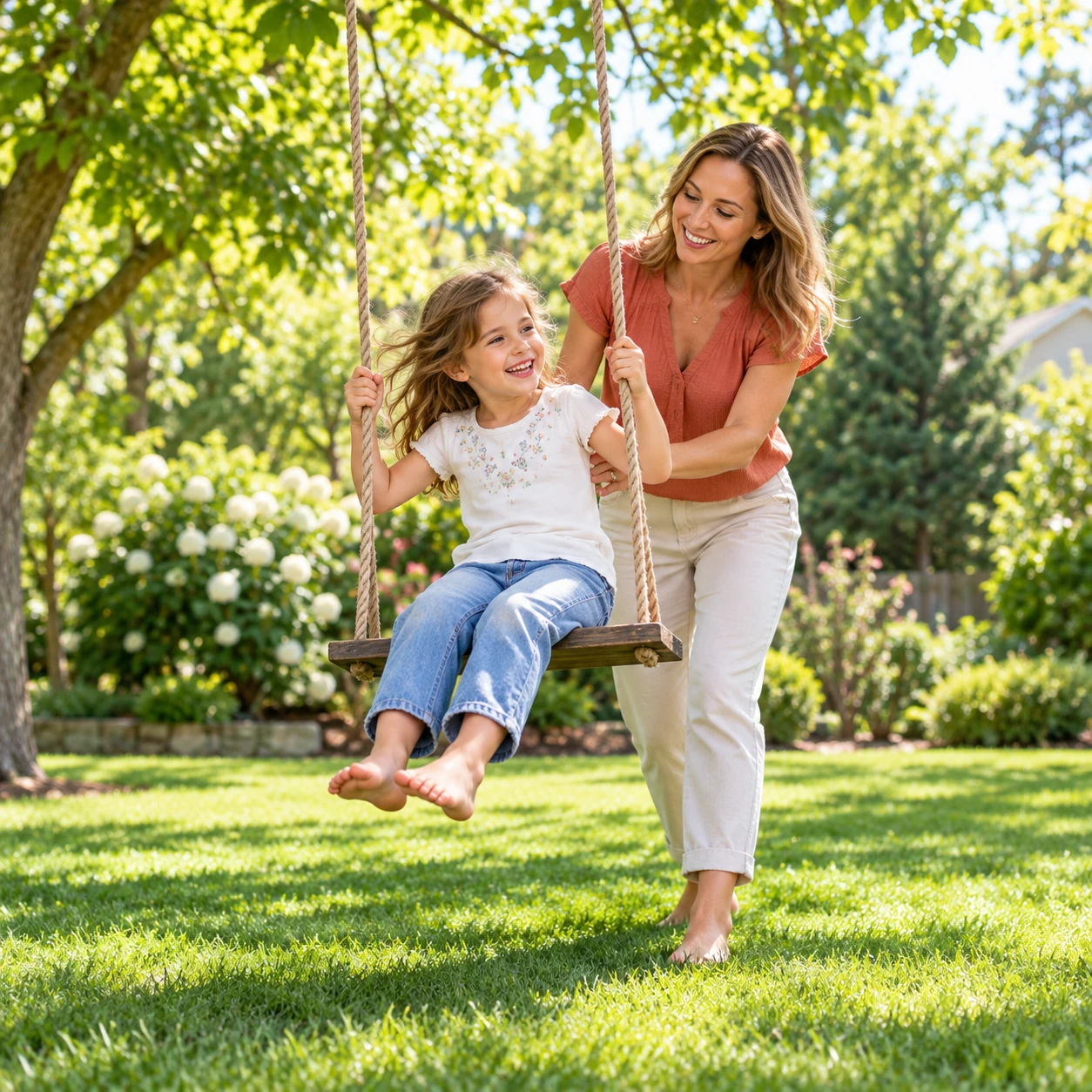 A mother and daughter sharing a happy moment on a backyard swing
