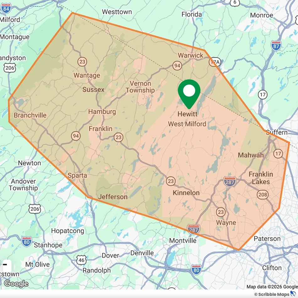 BRS service area map showing Northern New Jersey and nearby New York, centered on Hewitt